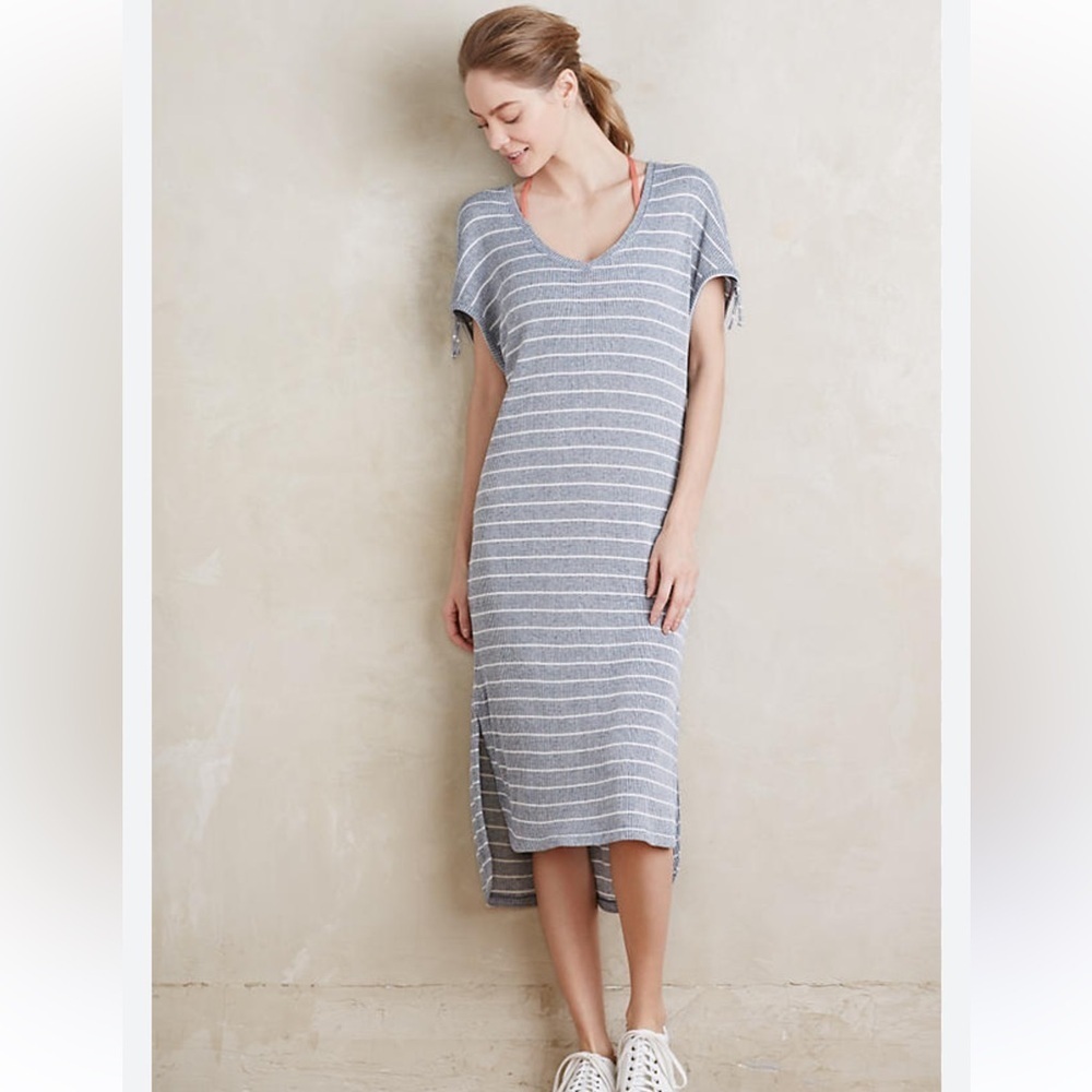 Saturday Sunday Anthropologie Striped Ribbed Midi Dress Gray White